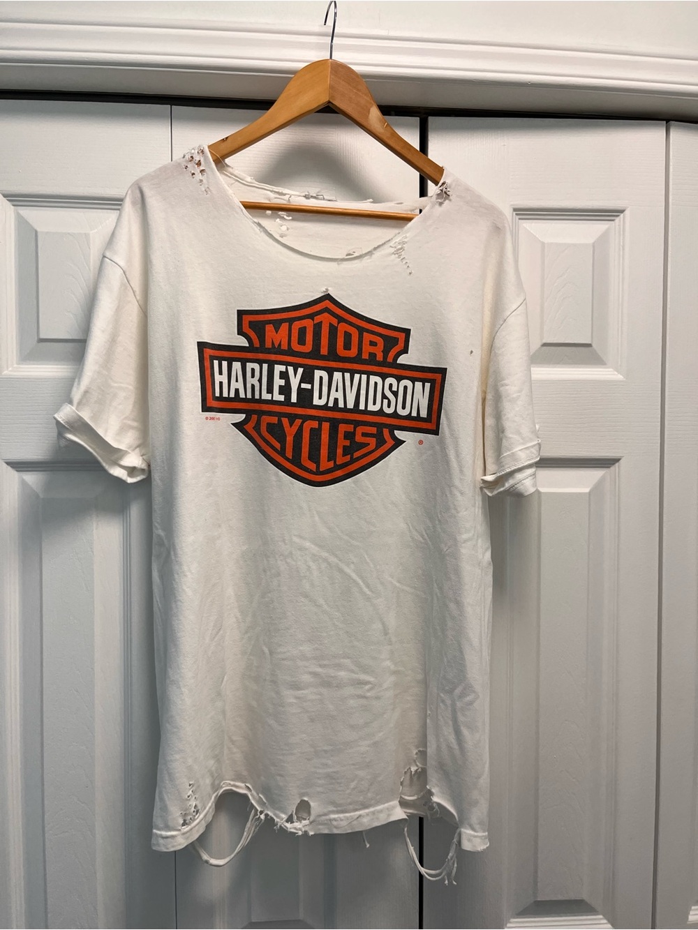 Thrashed Harley-Davidson White Tee with Orange & Black Shield Logo